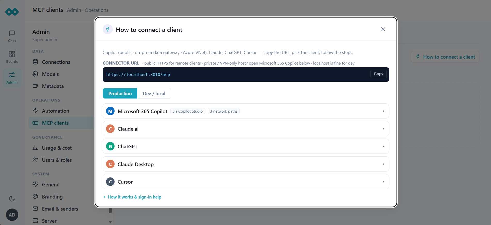 MCP client connection instructions